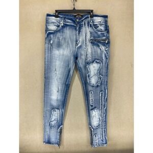 ELITE PREMIUM DENIM Distressed Blue Wash Jeans Men's Size 40/33 Zipper Ankle